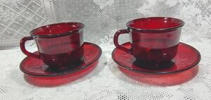 Vintage Arcoroc France Ruby Red Glass 2 Cups and 2 Saucers